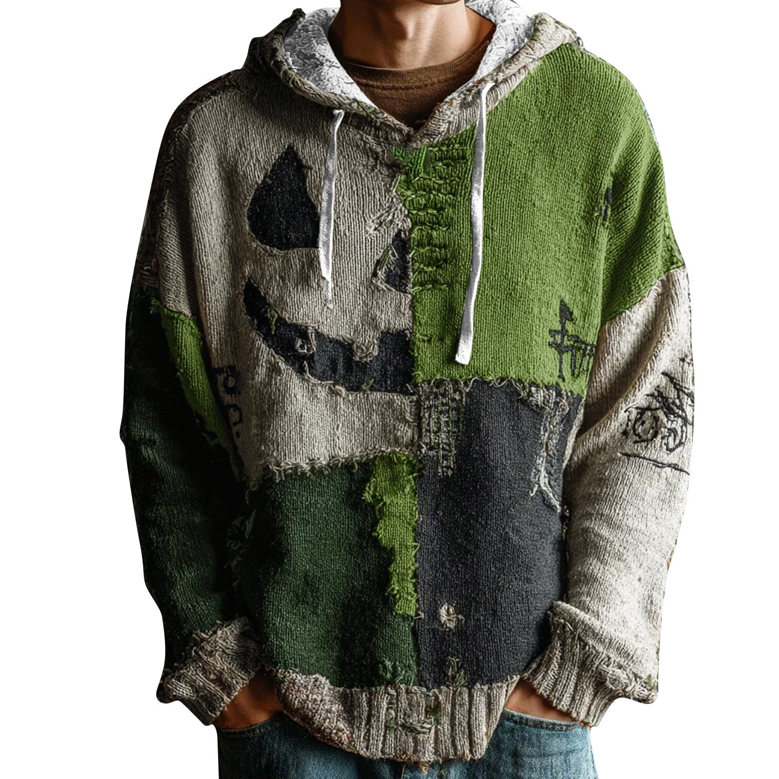 3D-printed men's gaming hoodie with striped pattern and patch pockets