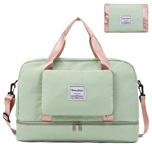 Foldable travel duffel bag in multiple colors with shoe storage and multiple pockets