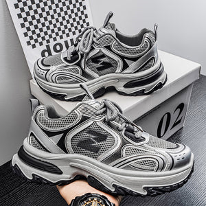 Men's chunky dad sneakers in beige, gray, and silver with breathable mesh and thick sole