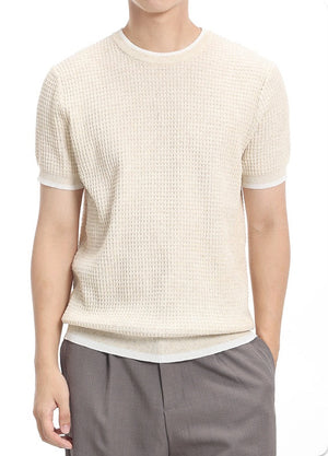 Men's ice silk knitted short-sleeve t-shirt in black, apricot, wine red, and light grey colors