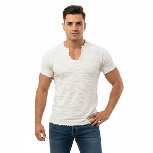 Retro cotton-linen v-neck t-shirt with feathered hem in various colors
