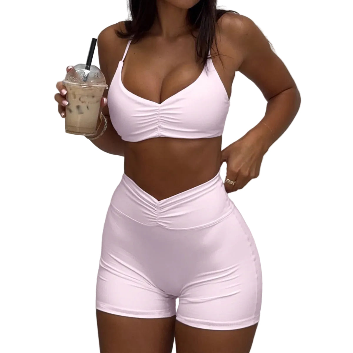 Sporty yoga-style halter top and shorts two-piece set for women in pink and yellow