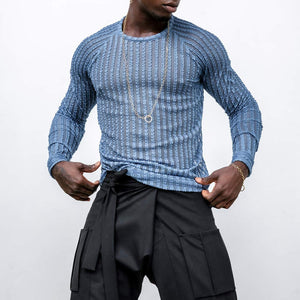 Men's blue textured striped loose-fit long-sleeve t-shirt