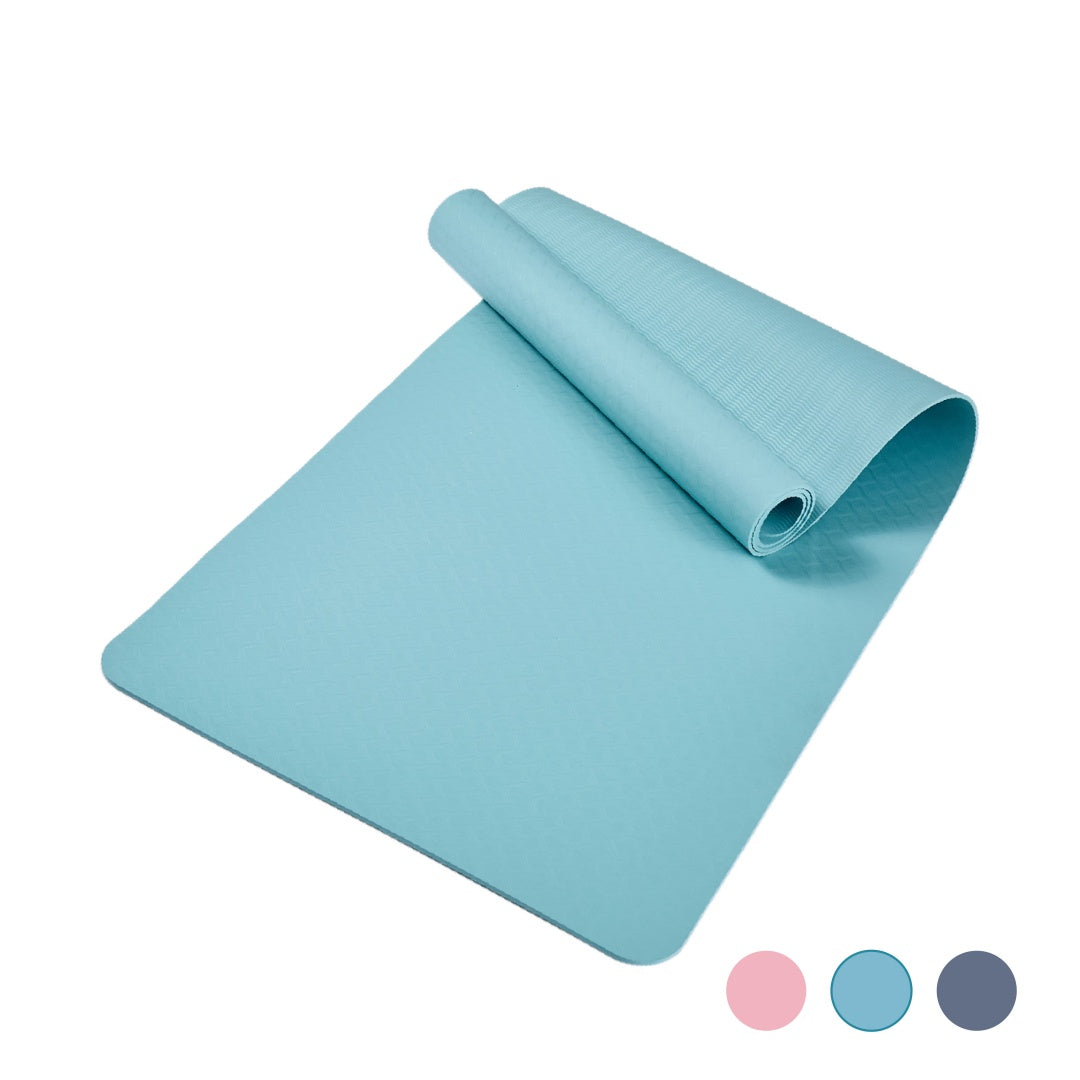 Green non-slip TPE yoga mat measuring 72 by 24 inches for Pilates and fitness exercises