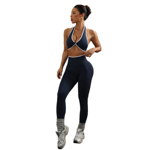 Neck-strap knotted open-back top and yoga pants set for women in multiple colors