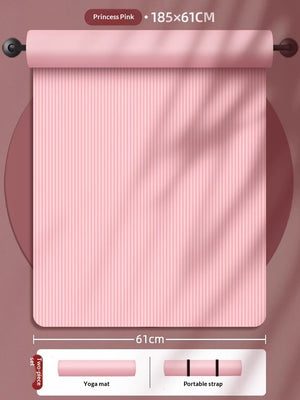 Non-slip shock-absorbing yoga mat in purple, pink, and black with free strap