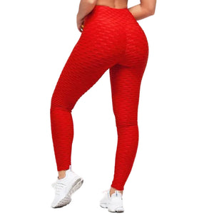 Booty lifting anti-cellulite scrunch leggings in black, blue, and red with high waist and jacquard texture