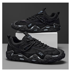 Men's breathable mesh dad sneakers with thick rubber sole in gray, khaki, and black