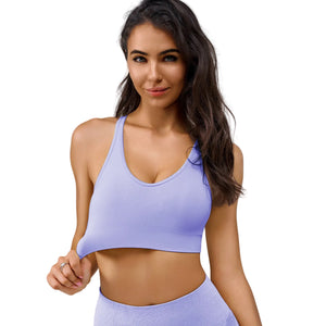 Women's medium-high support sports bra in various colors with push-up design