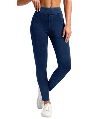 High waist slimming sports pants with double pockets in light blue, dark blue, and black colors