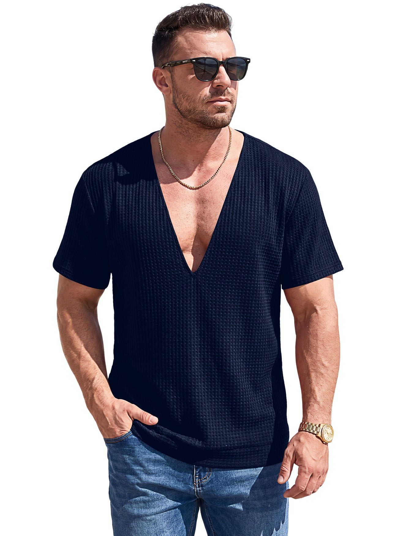 Mens waffle weave deep V short sleeve t-shirt in navy blue