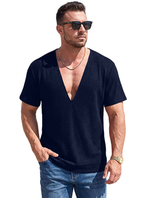 Mens waffle weave deep V short sleeve t-shirt in navy blue