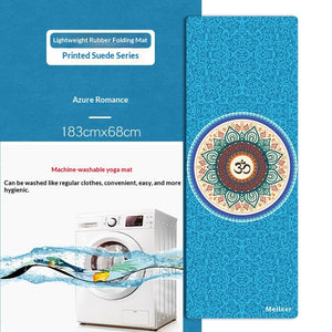 Portable foldable yoga mat with botanical and floral designs in soft suede