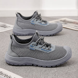 Men's summer mesh breathable slip-on sneakers in black, gray, and khaki