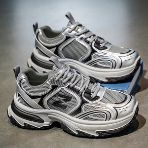 Men's chunky dad sneakers in beige, gray, and silver with breathable mesh and thick sole