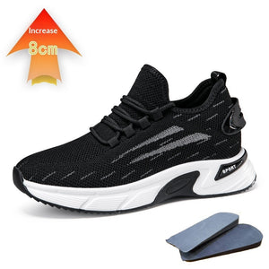 Invisible height-increasing running shoes with mesh upper in black and white colors