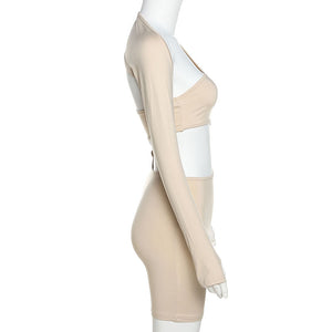 Women's off shoulder fitness yoga set with top and shorts in khaki and black