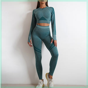 Seamless women's sports set with long-sleeve top and yoga pants in various colors