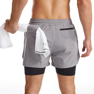 Men's double layer quick dry running shorts with built-in liner and side thigh pocket