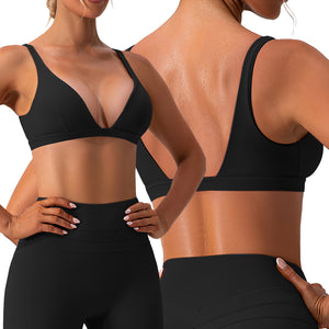 Women's deep V neck padded sports bra with removable pads in multiple colors
