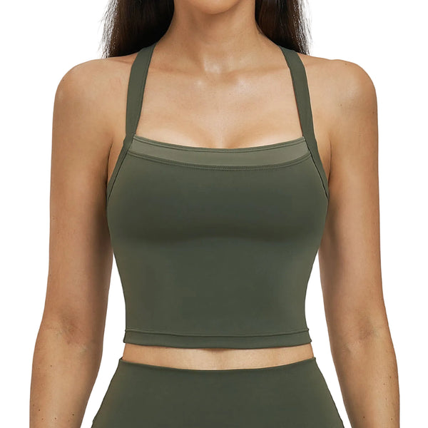 FAKE TWO-PIECE CONTRAST COLOR CROSSED BACK SPORT BRA