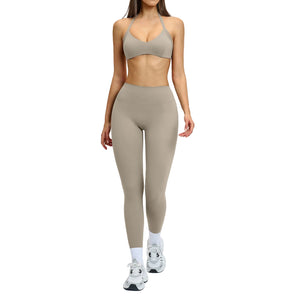 Brushed fabric women's sports yoga set in various colors including Frost Gray and Raspberry Red