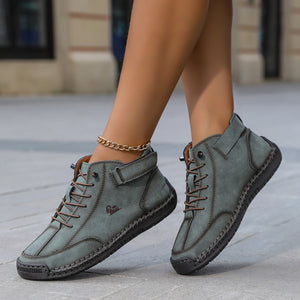 Women's casual flat Martin boots in various colors with belt decoration and round toe