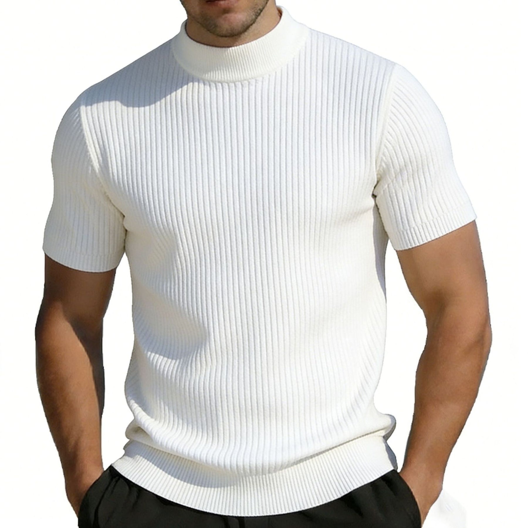 Men's short-sleeved knitted mock neck T-shirt in multiple colors