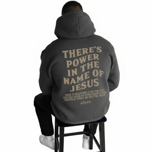 Gray cotton pullover hoodie with loose fit displayed from front and side views
