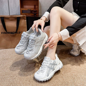 Women's breathable mesh casual sports shoes in beige and grey colors