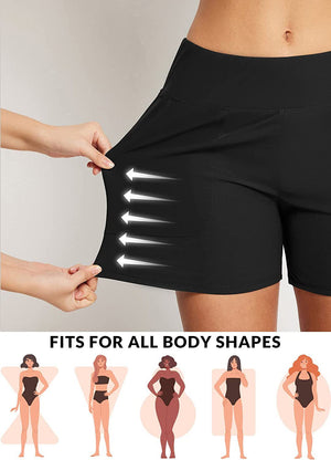 Women's quick dry athletic shorts in black and navy blue shown in various active and casual settings