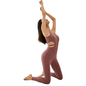 Women's sleeveless breathable one-piece workout jumpsuit in Monet green, truffle, and clay colors