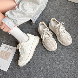 Women's casual lace-up dad shoes in white and beige with genuine leather upper and foam rubber sole