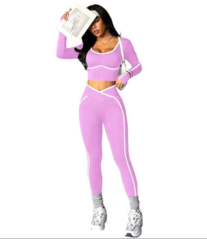 Color-block U-neck backless long-sleeve yoga set with crossed-waist tight pants in various colors