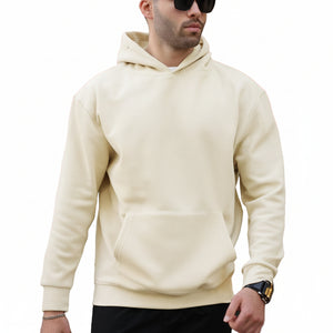 Men's casual long-sleeve hoodie in various colors including white, black, khaki, army green, and navy blue
