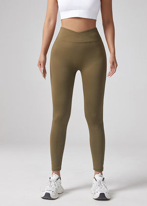 Women's V-waist elastic sports leggings in black, gray, and army green colors