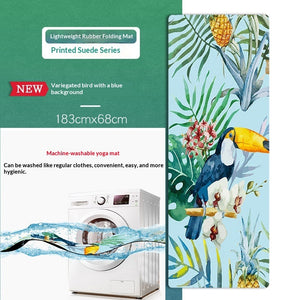 Portable foldable yoga mat with botanical and floral designs in soft suede