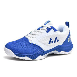Men's mesh volleyball training shoes in white with blue, red, and black accents