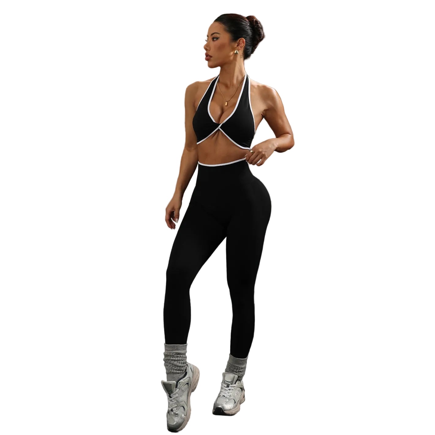 Neck-strap knotted open-back top and yoga pants set for women in multiple colors