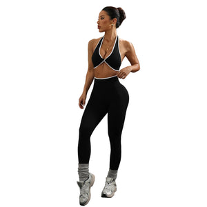 Neck-strap knotted open-back top and yoga pants set for women in multiple colors