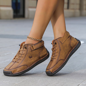 Women's casual flat Martin boots in various colors with belt decoration and round toe