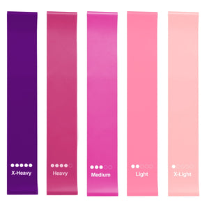 Set of 5 loop resistance bands in varying resistance levels with carrying bag