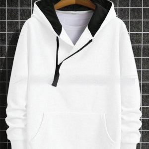 Men's color-block hooded half-zip sweatshirt in white, black, light gray, and dark gray