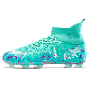 Long and short spikes soccer training shoes in multiple colors and high-top design