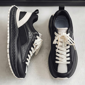 Men's breathable mesh low-top sneakers with thick sole in black and white gray