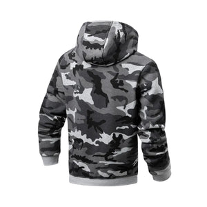 Men's thicker casual camo hoodie in gray, green, and blue colors