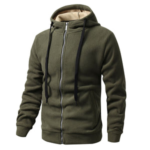 Men's fleece-lined hooded jacket in dark gray, black, army green, and deep blue colors