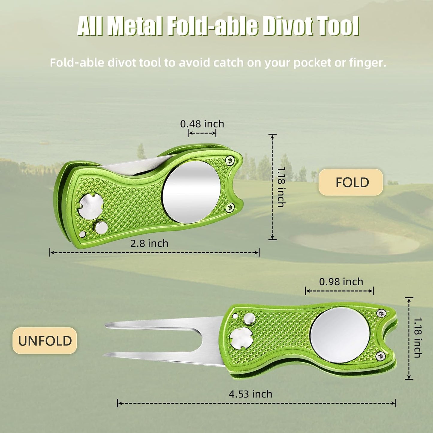 Premium All-Metal Foldable Golf Divot Repair Tool with Pop-Up Button and Magnetic Ball Marker - Available in Packs of 2 to 6
