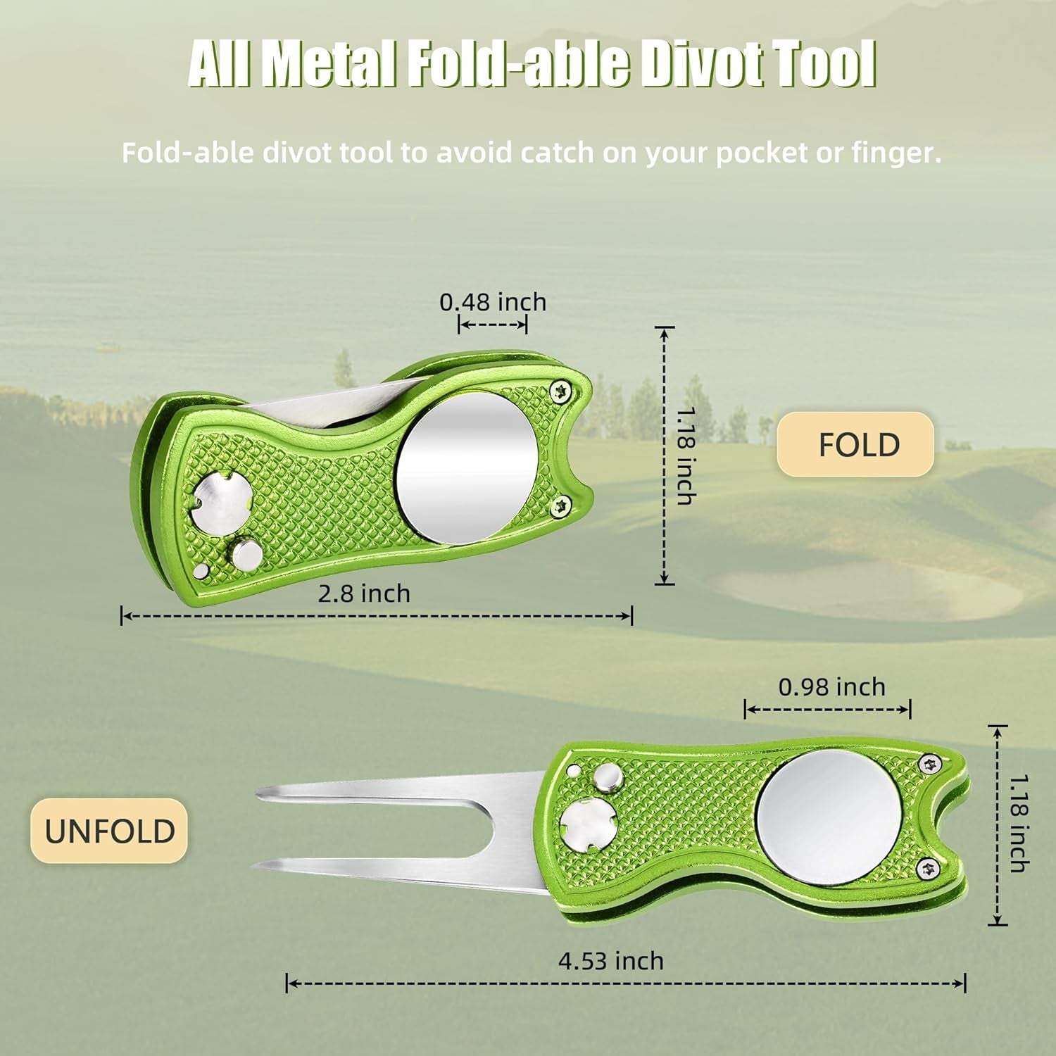 Premium All-Metal Foldable Golf Divot Repair Tool with Pop-Up Button and Magnetic Ball Marker - Available in Packs of 2 to 6