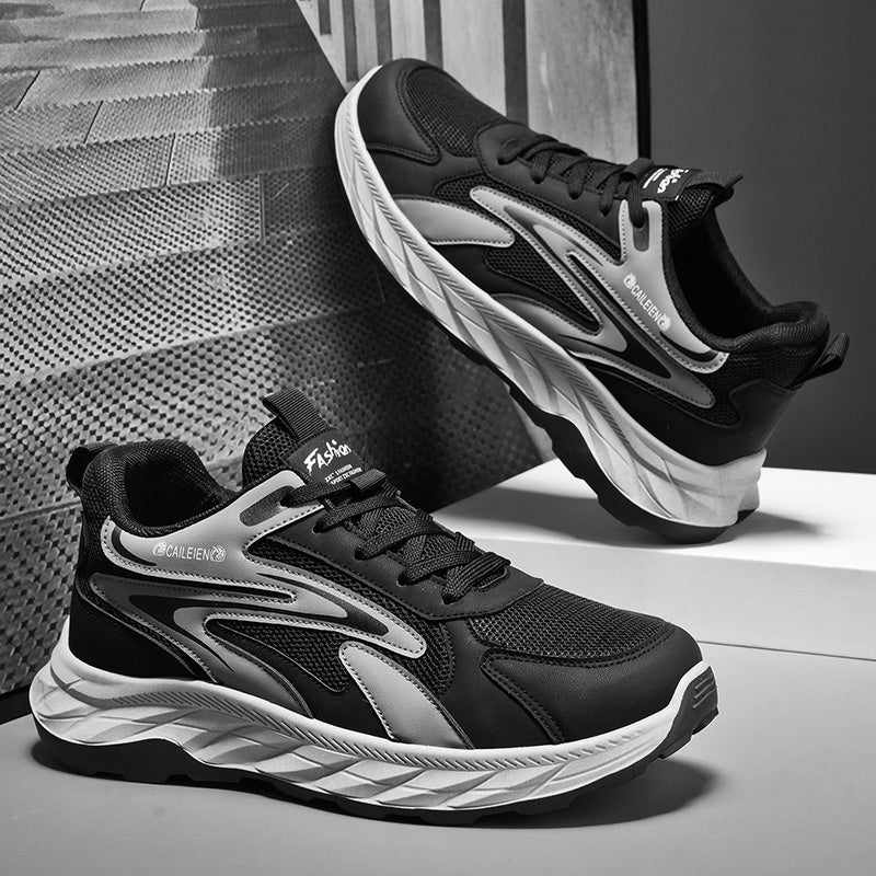 Men's black and gray soft sole anti-slip walking shoes with mesh upper